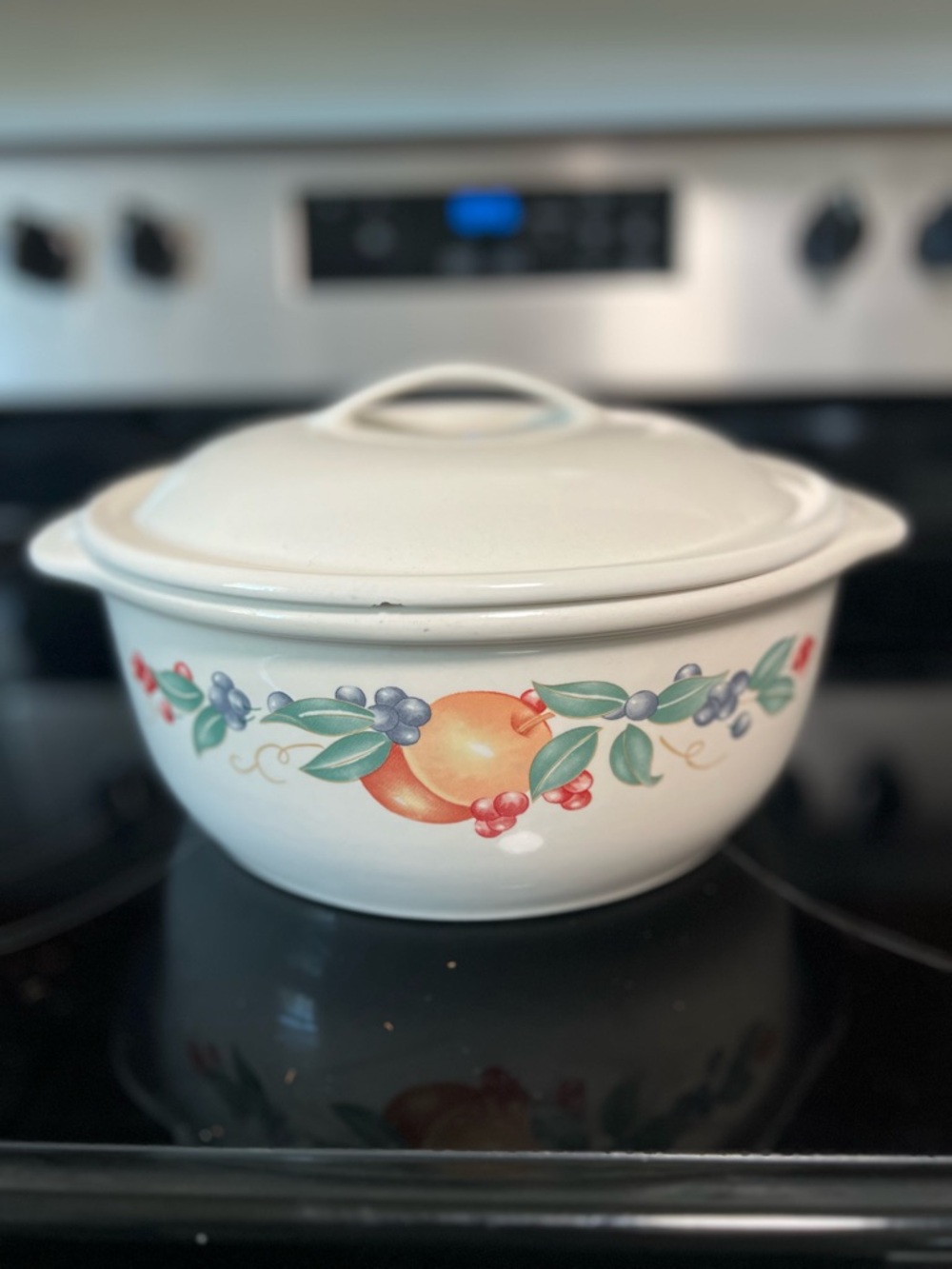 Corelle White Ceramic Covered Casserole with Fruit Banding